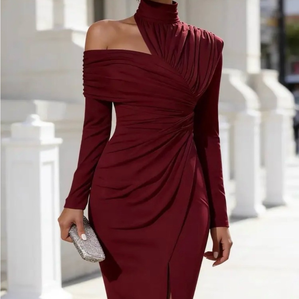 Off-Shoulder One-Sleeve Burgundy Evening Dress